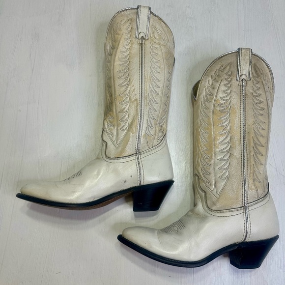 Vintage 90s Santa Fe Boot Co Cream Western Boots Womens 8.5 USA Leather - Picture 4 of 15